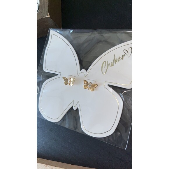 NWT CHVKER Gold Tone Butterfly Crystal Stud Earrings - Picture 3 of 6